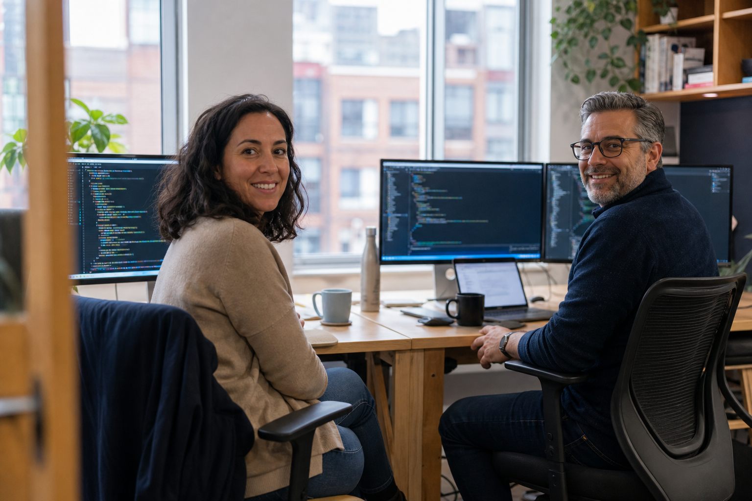 Net3000 developers smiling as a client walks into the office